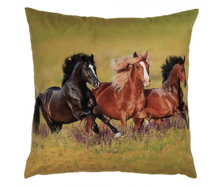 Zelený povlak na polštář s běžícími koňmi na louce - 45*45 cm