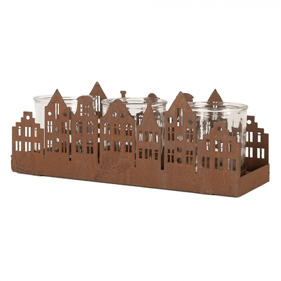 Rezavý svícen ve tvaru domků Brocante rust Amster - 30*9*11 cm