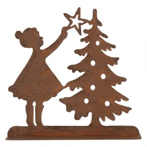 Rezavá vánoční dekorace dívka u stromečku Brocante rust - 14*5*14 cm
