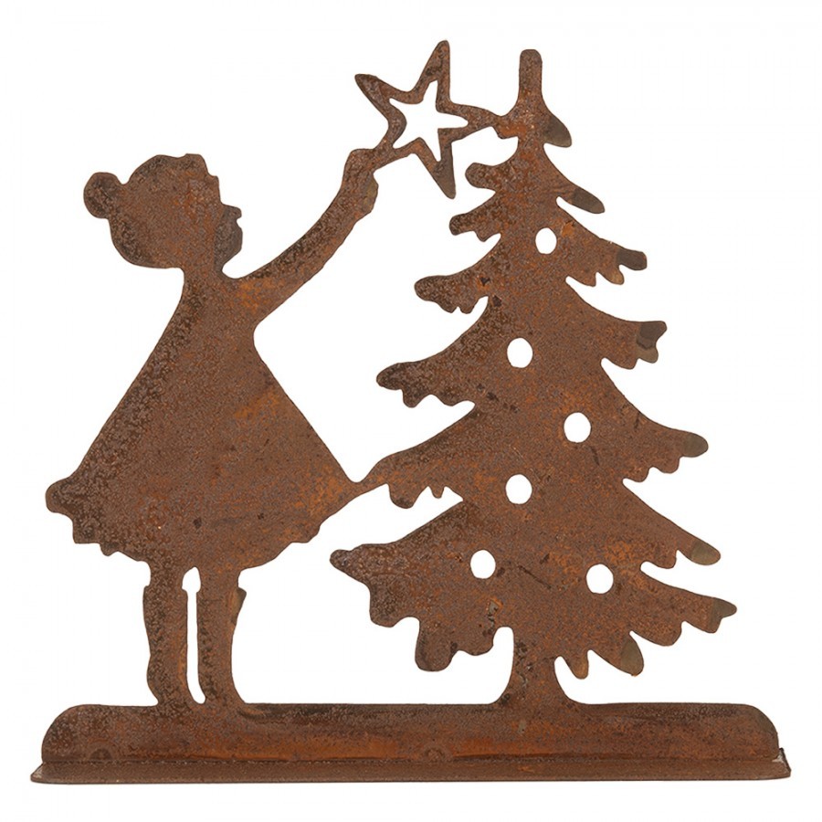 Rezavá vánoční dekorace dívka u stromečku Brocante rust - 14*5*14 cm