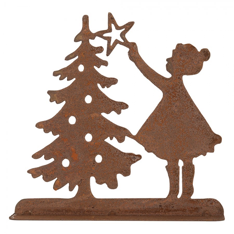 Rezavá vánoční dekorace dívka u stromečku Brocante rust - 14*5*14 cm