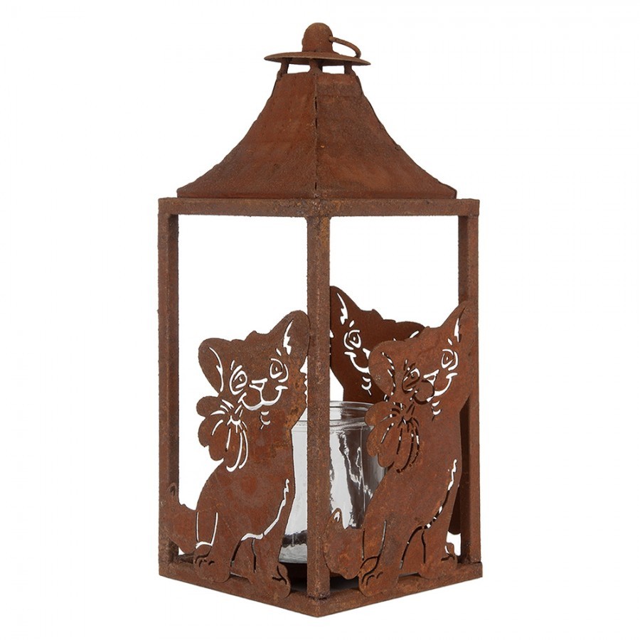 Rezavá kovová lucerna s kočkami - 15*15*37 cm