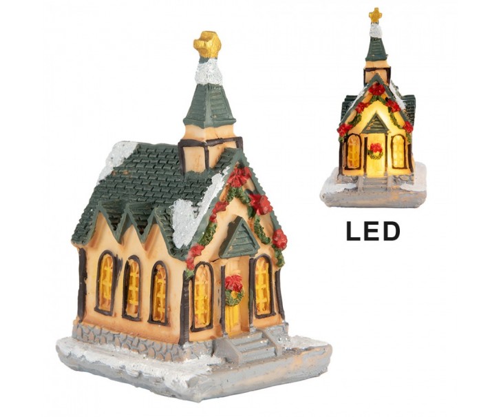 Dekorace malinký svítící béžový domek kostel Manon LED - 5*5*5 cm Clayre & Eef