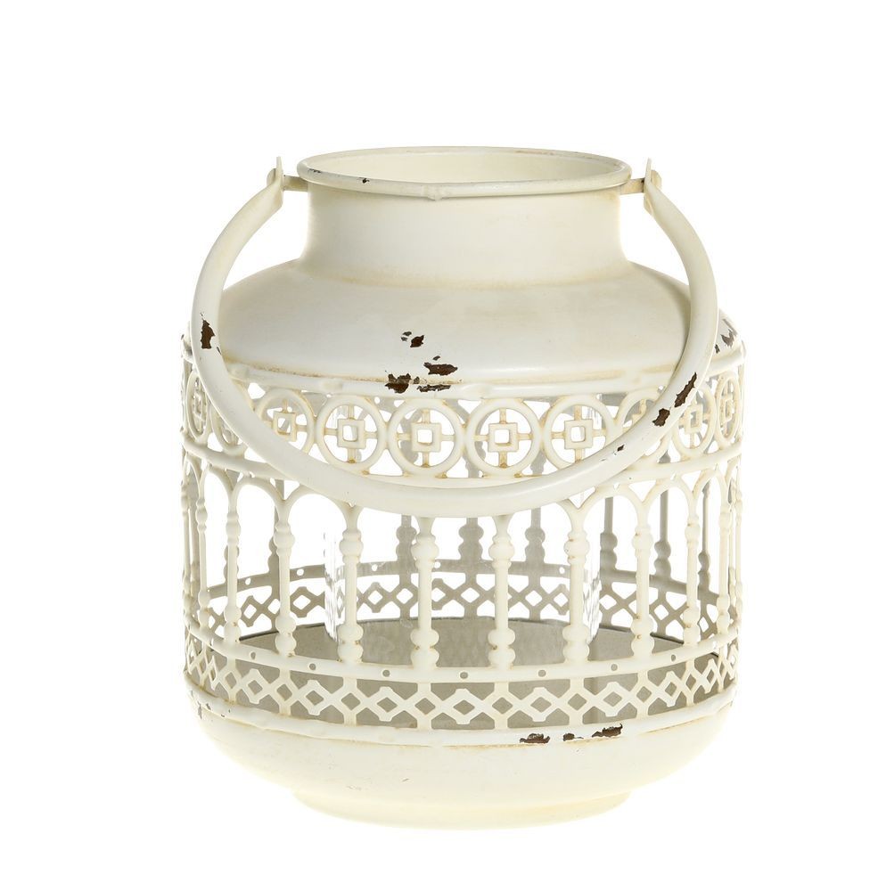 Krémová antik kovová lucerna Fleur-de-pot - Ø14*16 cm