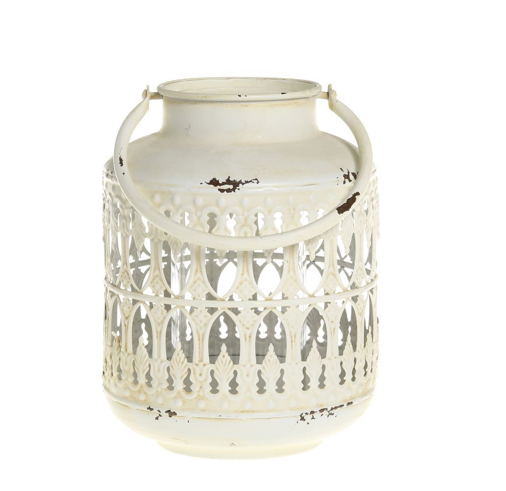 Krémová antik kovová lucerna Fleur-de-pot - Ø14*19 cm