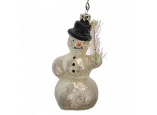 Stříbrno-bílá antik skleněná závesná ozdoba sněhulák - Ø 5*10 cm