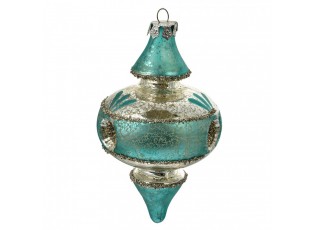 Stříbrno-modrá antik skleněná závesná ozdoba - Ø 8*13 cm