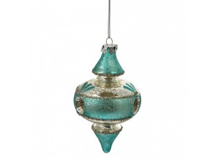 Stříbrno-modrá antik skleněná závesná ozdoba - Ø 8*13 cm