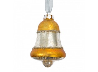 Stříbrno-zlatá antik skleněná závesná ozdoba zvonek - Ø 5*9 cm