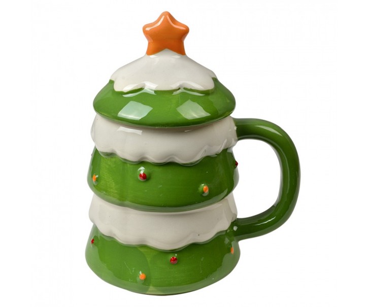 Zelený keramický hrnek vánoční stromek s víčkem - 13*9*16 cm / 350 ml Clayre & Eef