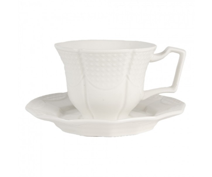 Bílý keramický šálek s podšálkem - 12*9*6 / Ø 14*2 cm / 175 ml Clayre & Eef