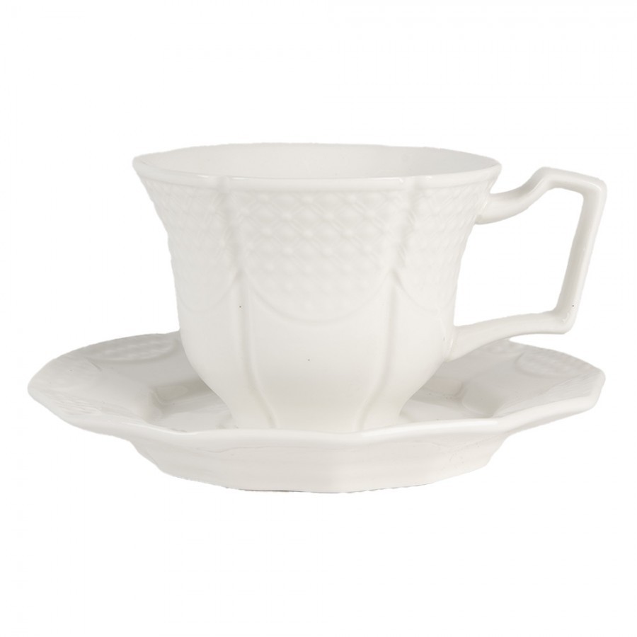 Bílý keramický šálek s podšálkem - 12*9*6 / Ø 14*2 cm / 175 ml