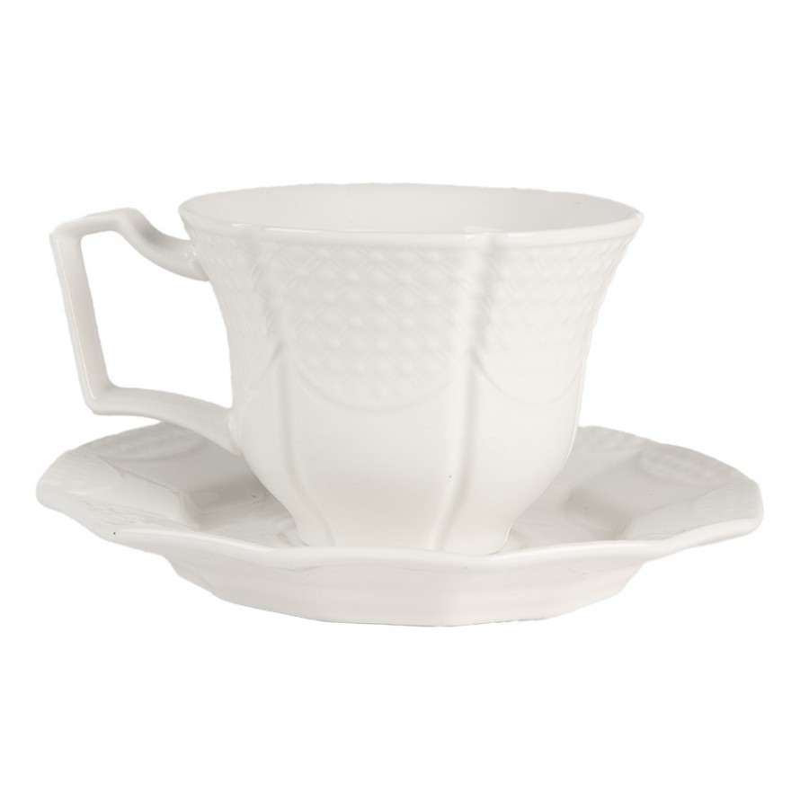Bílý keramický šálek s podšálkem - 12*9*6 / Ø 14*2 cm / 175 ml