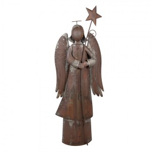 Hnědo-rezavá kovová dekorace anděl s hvězdou Angel - 48*18*133 cm