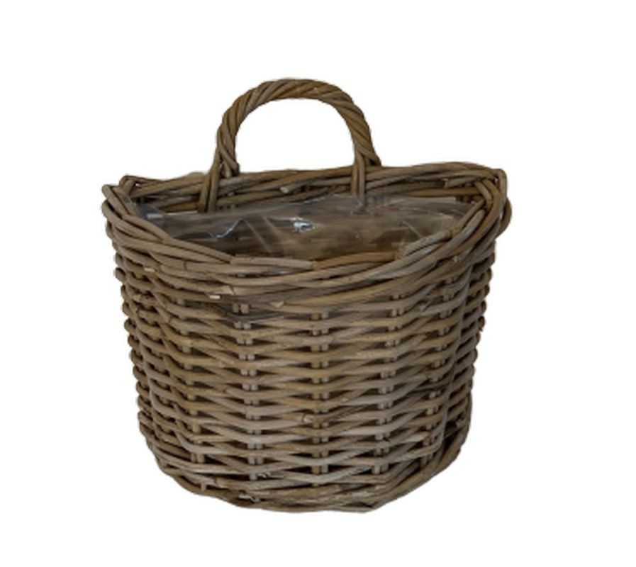 Nástěnný ratanový květináč s uchem šedá patina - 37*25*25/32 cm