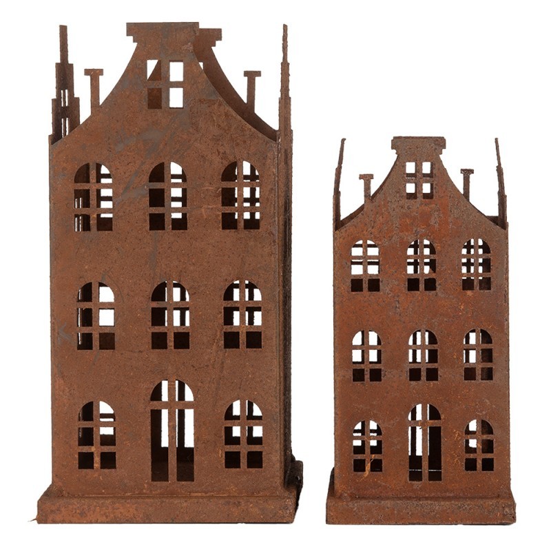 2ks rezavá dekorace / svícen domek Brocante rust - 14*14*27 / 11*11*23 cm