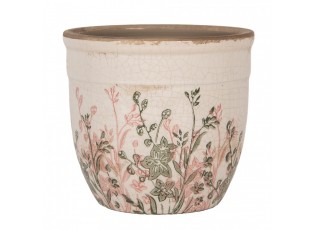 Béžový antik keramický obal na květináč s růžovo-zelenými květy - Ø 13*11 cm