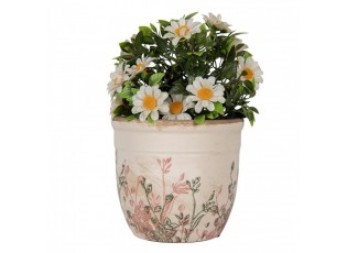Béžový antik keramický obal na květináč s růžovo-zelenými květy - Ø 13*11 cm