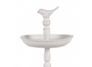 Bílý antik kovový dekorační dvoupatrový etažér s ptáčkem Birdie - Ø 27*41 cm