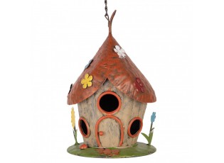 Barevná závěsná kovová dekorace ptačí budka s květy - ø 17*27/54 cm 