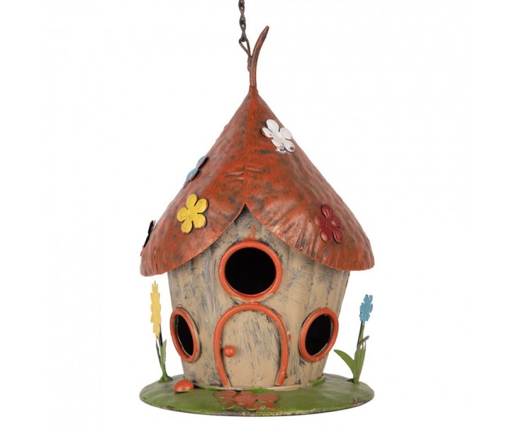 Barevná závěsná kovová dekorace ptačí budka s květy - ø 17*27/54 cm Clayre & Eef