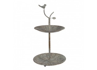 Zelenohnědý kovový dekorační dvoupatrový etažér s ptáčkem Birdi - Ø 26*48 cm