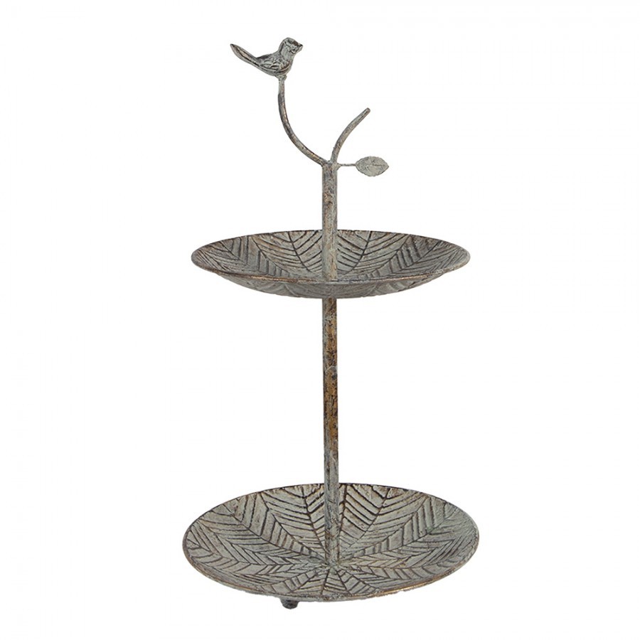Zelenohnědý kovový dekorační dvoupatrový etažér s ptáčkem Birdie - Ø 26*48 cm
