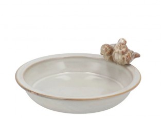Béžové keramické ptačí pítko/krmítko s ptáčky - Ø 23*5 cm