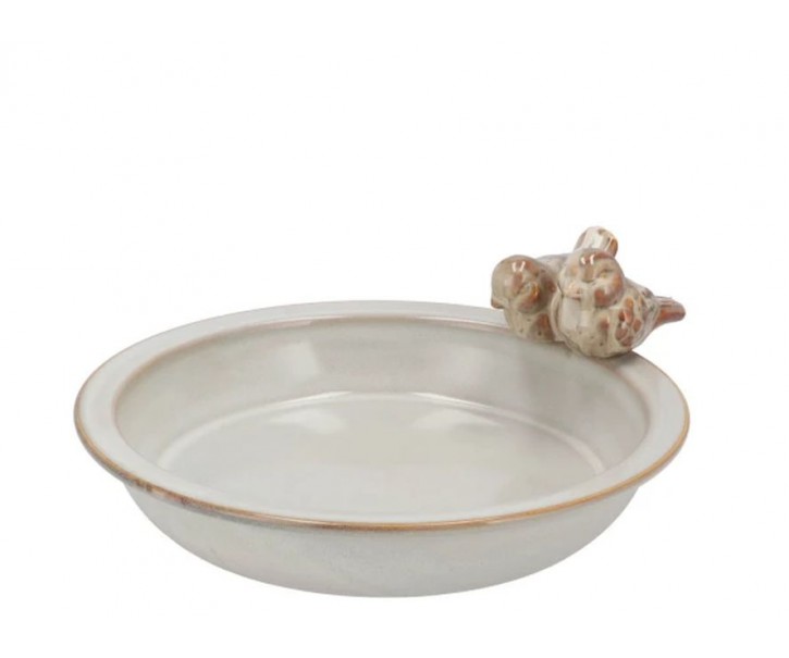 Béžové keramické ptačí pítko/krmítko s ptáčky - Ø 23*5 cm