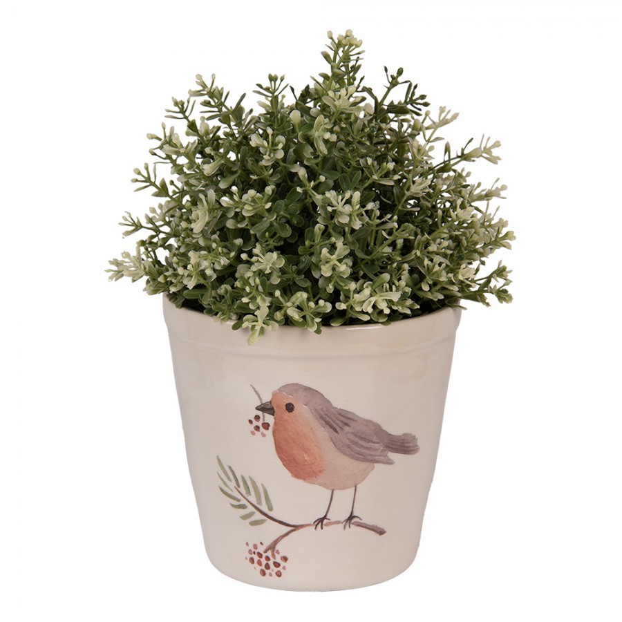 Keramický květináč s ptáčkem Vintage Green Pine M - Ø 15*14 cm