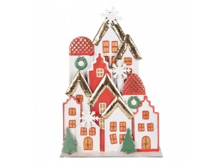 Bílo-červená kovová dekorace domky se sněhovými vločkami - 30*8*46 cm