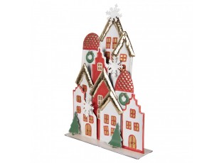 Bílo-červená kovová dekorace domky se sněhovými vločkami - 30*8*46 cm