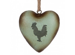 Zelené antik kovové srdce s kohoutem Rooster - 14*5*14 cm