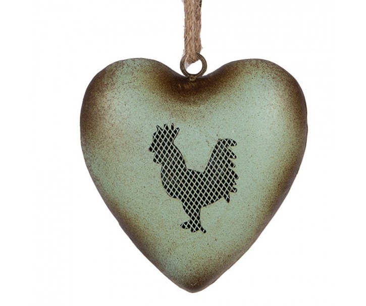 Zelené antik kovové srdce s kohoutem Rooster - 14*5*14 cm