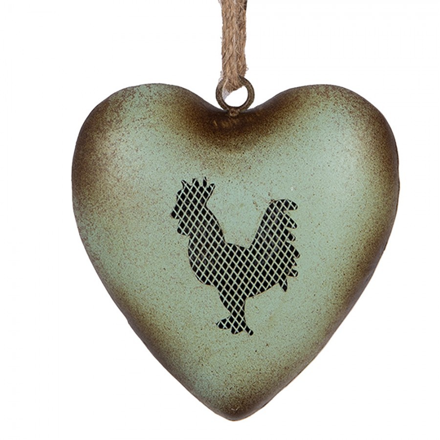 Zelené antik kovové srdce s kohoutem Rooster - 14*5*14 cm