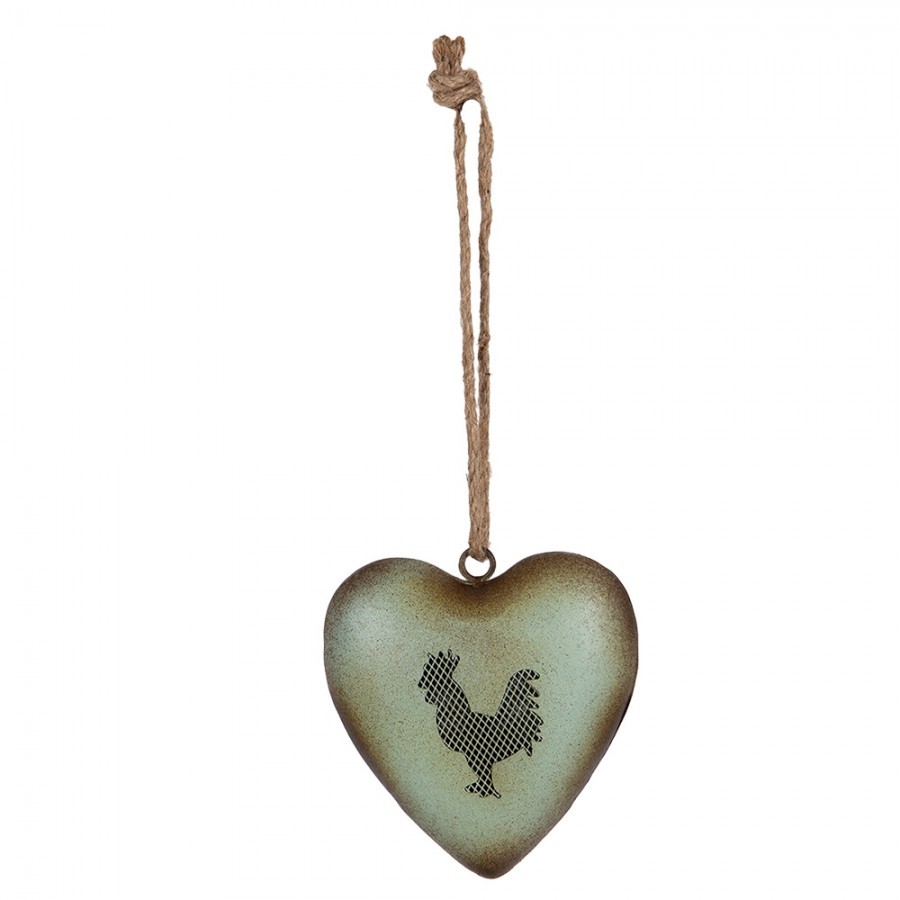 Zelené antik kovové srdce s kohoutem Rooster - 14*5*14 cm