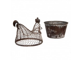 Hnědý plechový box s drátěnou slepičkou Chicken - 39*39*25 cm