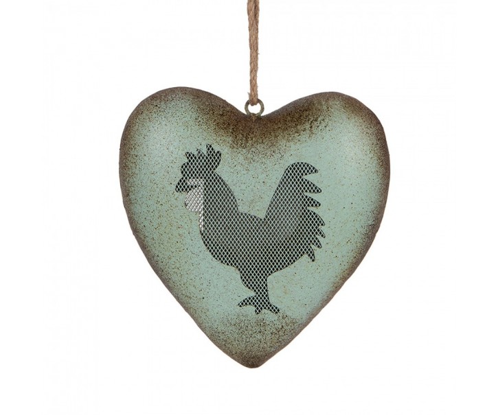 Zelené antik kovové srdce s kohoutem Rooster - 23*7*23 cm