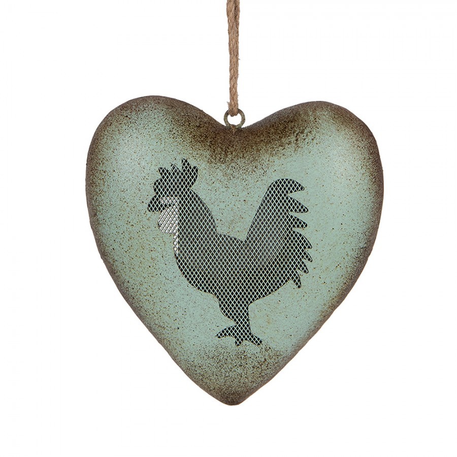 Zelené antik kovové srdce s kohoutem Rooster - 23*7*23 cm