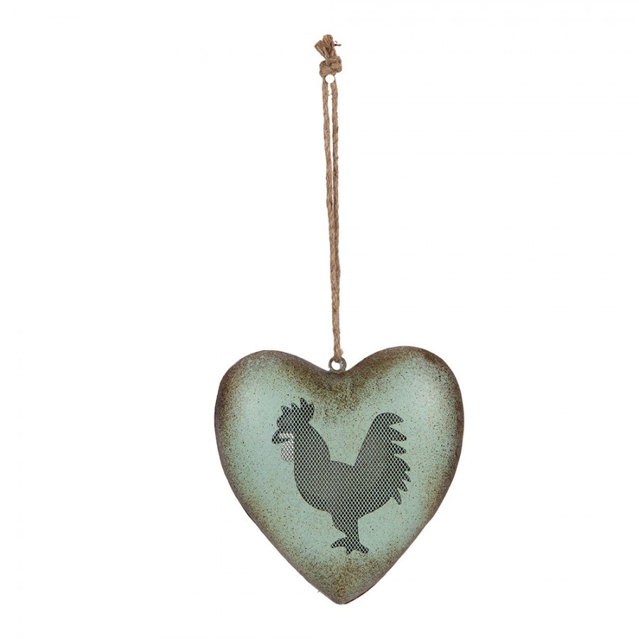Zelené antik kovové srdce s kohoutem Rooster - 23*7*23 cm