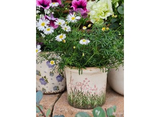 Béžovo-zelený obal na květináč s růžovými květy Rustic Flower S - Ø 13*12 cm