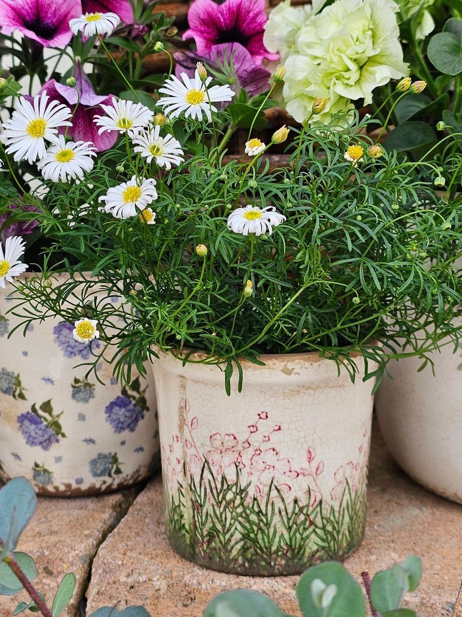 Béžovo-zelený obal na květináč s růžovými květy Rustic Flower S - Ø 13*12 cm