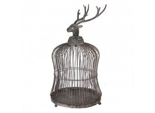 Šedá antik kovová dekorace ptačí klec jelen Deer - Ø 26*50 cm