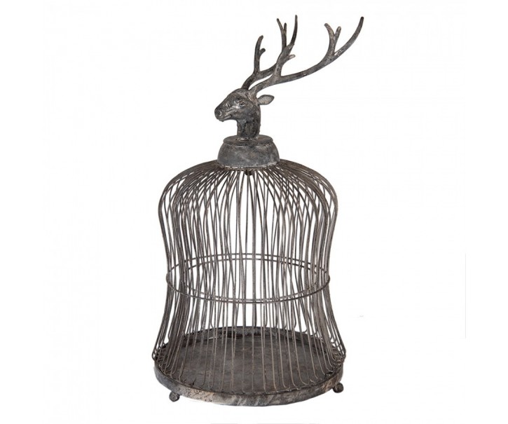 Šedá antik kovová dekorace ptačí klec jelen Deer - Ø 26*50 cm Clayre & Eef