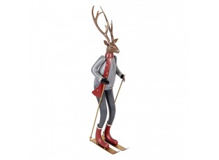 Šedo-hnědá antik kovová dekorace jelen na lyžích Deer - 19*15*65 cm