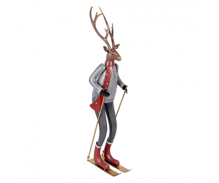 Šedo-hnědá antik kovová dekorace jelen na lyžích Deer - 19*15*65 cm Clayre & Eef