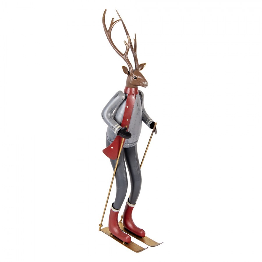 Šedo-hnědá antik kovová dekorace jelen na lyžích Deer - 19*15*65 cm