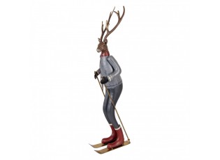 Šedo-hnědá antik kovová dekorace jelen na lyžích Deer - 19*15*65 cm