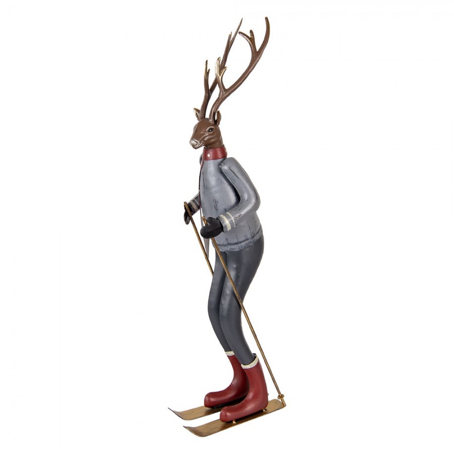 Šedo-hnědá antik kovová dekorace jelen na lyžích Deer - 19*15*65 cm