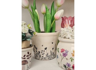 Béžový keramický obal na květináč s lučními květy Flora And Fauna S - Ø 12*11cm